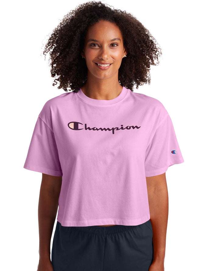 Champion Cropped Script Logo T-Shirt Dames - Roze - Belgie 0172WPJRX